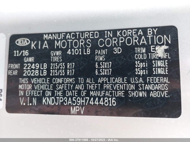 KIA SOUL + 2017 KNDJP3A59H7444816 Image 9