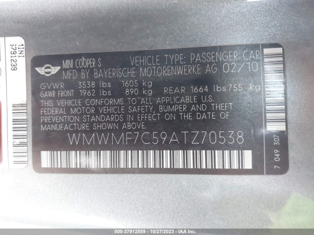 2010 MINI COOPER S WMWMF7C59ATZ70538 Photo 8