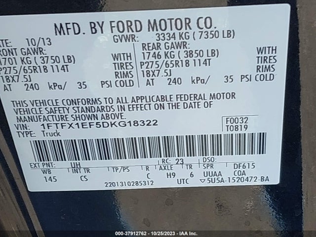 2013 FORD F-150 XL/STX/XLT/FX4/LARIAT VIN: 1FTFX1EF5DKG18322
