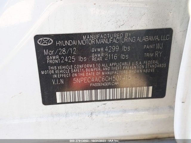 2012 HYUNDAI SONATA 2.4L LIMITED VIN: 5NPEC4AC6CH501415