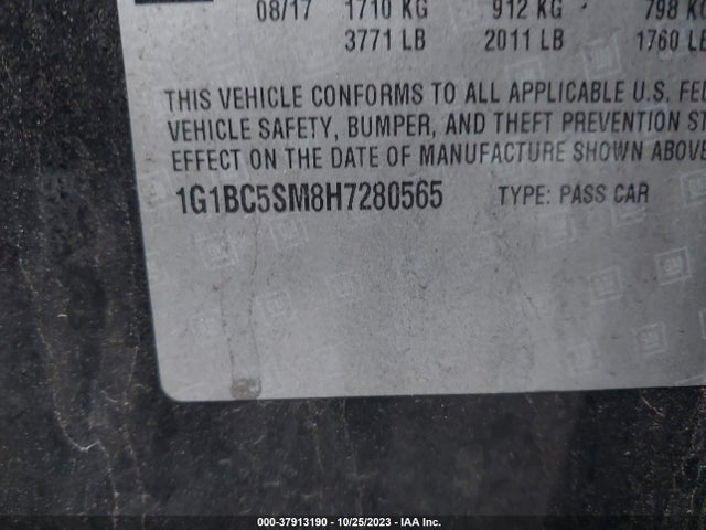2017 Chevrolet Cruze Ls მანქანა იყიდება აუქციონზე, vin: 1G1BC5SM8H7280565, აუქციონის ნომერი: 37913190