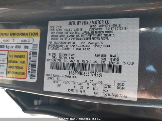 2014 FORD FUSION SE VIN: 1FA6P0HD6E5374531