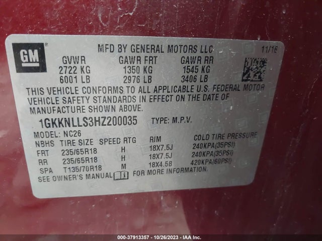 GMC Acadia Sle-2 2017 1GKKNLLS3HZ200035 Image 9