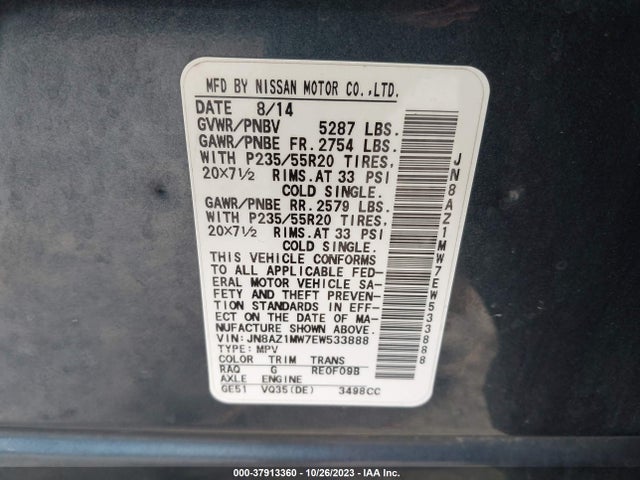 Nissan Murano Le 2014 JN8AZ1MW7EW533888 Image 9