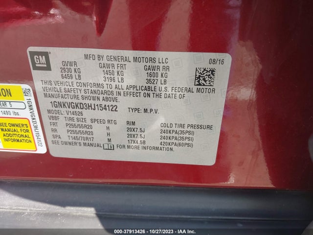 Chevrolet Traverse Lt 2017 1GNKVGKD3HJ154122 Image 9