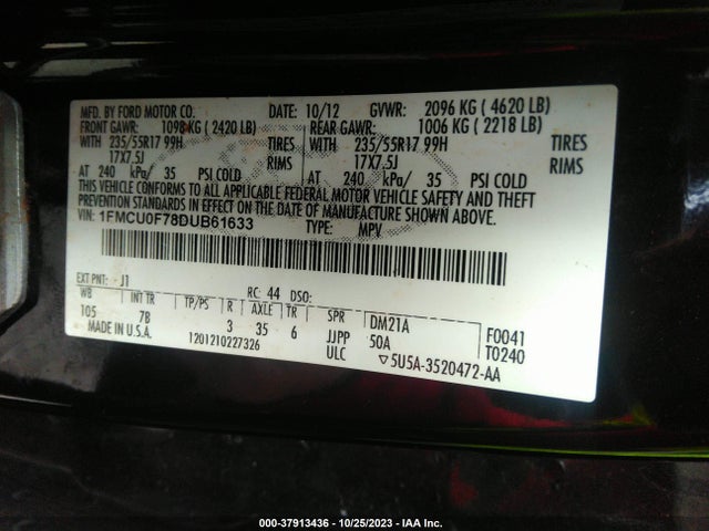 2013 FORD ESCAPE S VIN: 1FMCU0F78DUB61633