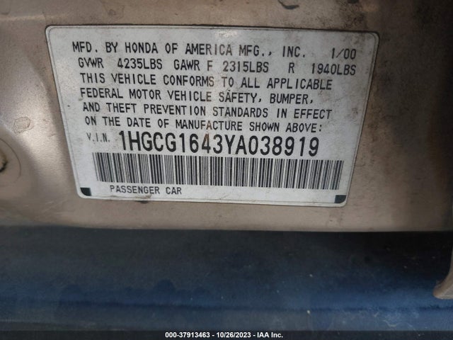 2000 HONDA ACCORD SDN LX VIN: 1HGCG1643YA038919