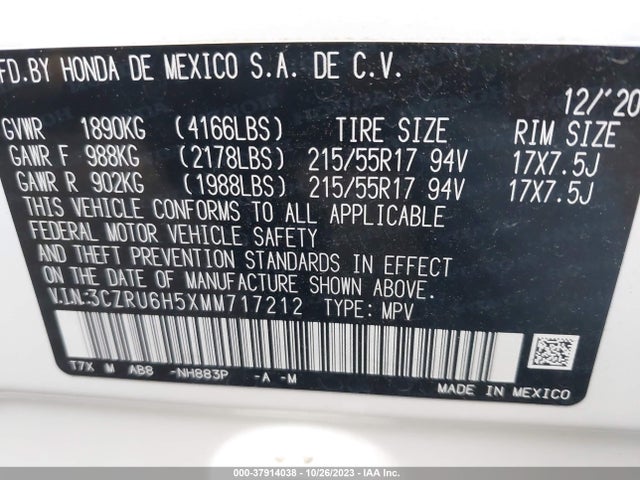 2021 HONDA HR-V AWD EX VIN: 3CZRU6H5XMM717212