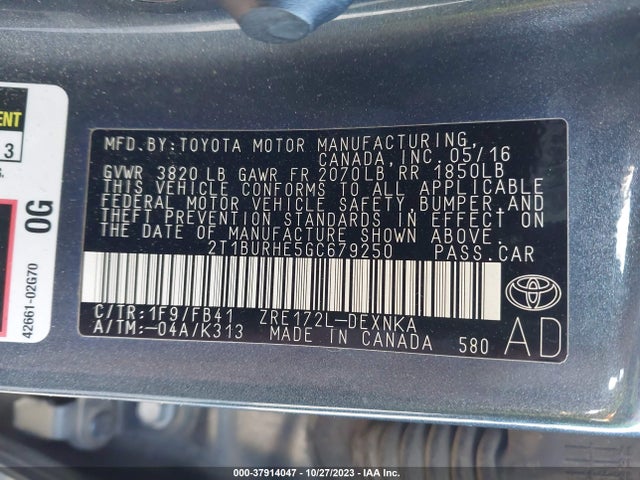 2016 TOYOTA COROLLA LE VIN: 2T1BURHE5GC679250