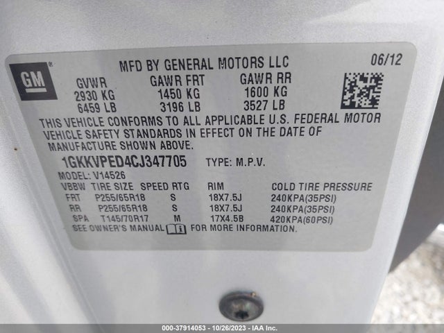 Продаж на аукціоні авто 2012 Gmc Acadia Sle, vin: 1GKKVPED4CJ347705, номер лоту: 37914053