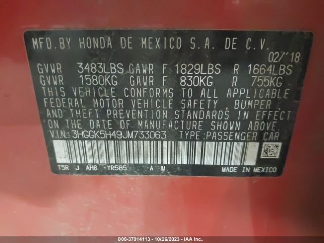 3HGGK5H49JM733063 Honda FIT LX