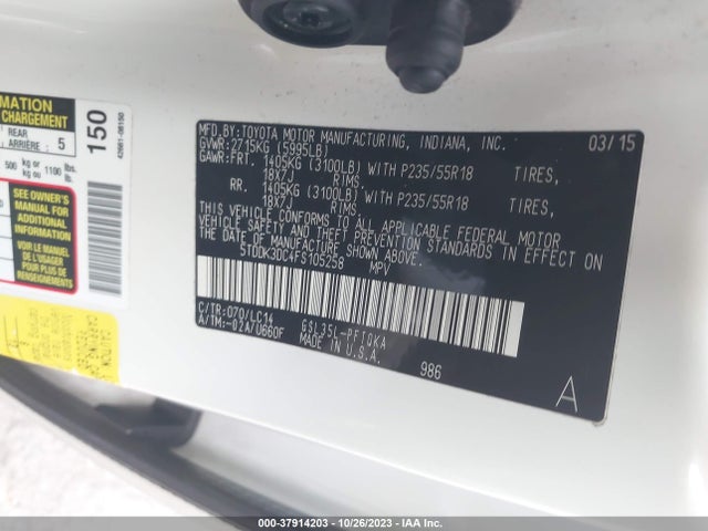 Toyota SIENNA XLE 2015 5TDDK3DC4FS105258 Image 9