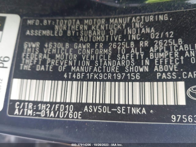 2012 Toyota Camry Le მანქანა იყიდება აუქციონზე, vin: 4T4BF1FK9CR197156, აუქციონის ნომერი: 37914206