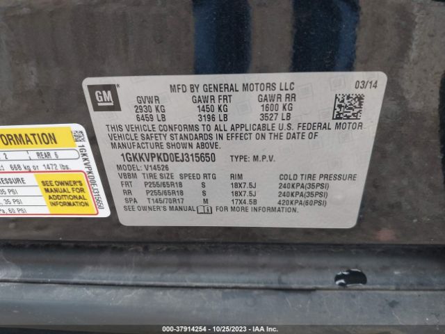 1GKKVPKD0EJ315650 GMC ACADIA SLE