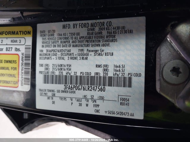 Ford FUSION S 2020 3FA6P0G76LR247560 Image 9