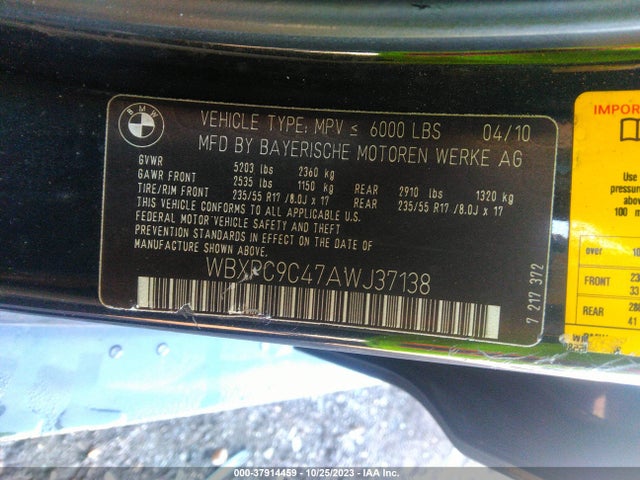 2010 BMW X3 XDRIVE30I VIN: WBXPC9C47AWJ37138
