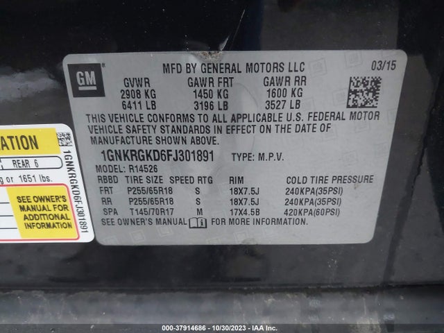 Chevrolet Traverse Lt 2015 1GNKRGKD6FJ301891 Image 9