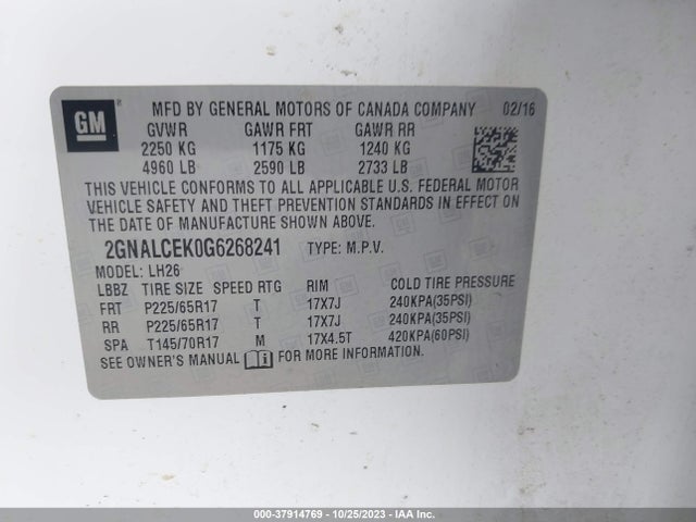 Chevrolet EQUINOX LT 2016 2GNALCEK0G6268241 Image 9