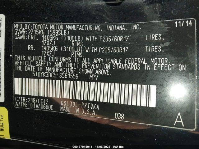 2015 TOYOTA SIENNA XLE/XLE AAS/LTD VIN: 5TDYK3DC5FS561559