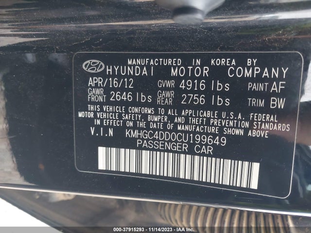2012 HYUNDAI GENESIS 3.8L VIN: KMHGC4DD0CU199649