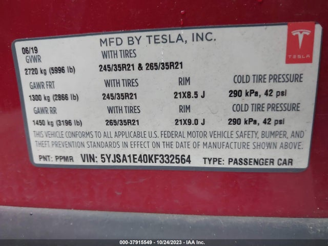 Продажа на аукционе авто 2019 Tesla Model S P100d/performance/long Range/100d, vin: 5YJSA1E40KF332564, номер лота: 37915549