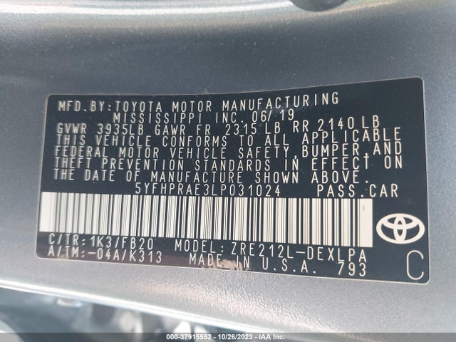 2020 TOYOTA COROLLA LE VIN: 5YFHPRAE3LP031024