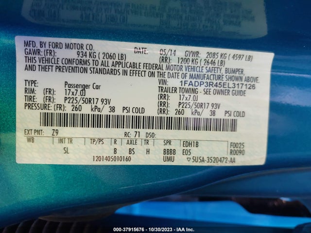 2014 FORD FOCUS ELECTRIC VIN: 1FADP3R45EL317126