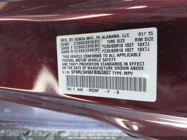 Honda Odyssey Touring 2015 5FNRL5H96FB063807 Image 9