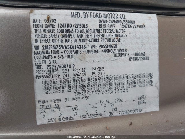 2003 MERCURY GRAND MARQUIS LS VIN: 2MEFM75W63X614348
