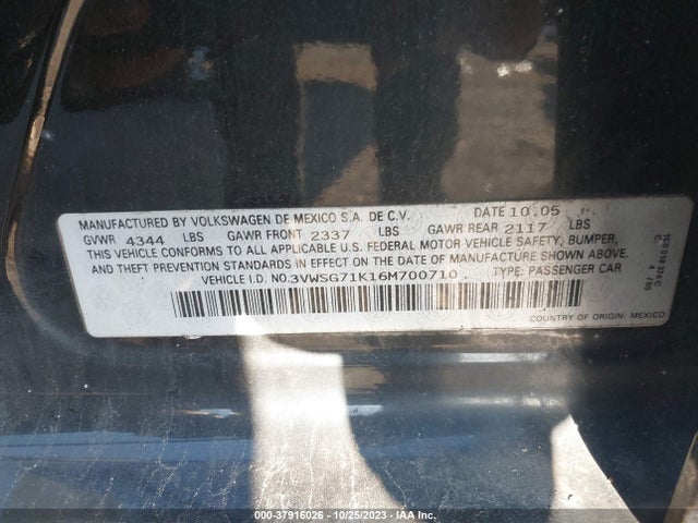 2006 VOLKSWAGEN JETTA SEDAN 2.5L VIN: 3VWSG71K16M700710