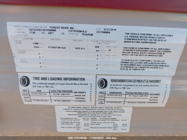 Aukcja sprzedaży 2019 Cherokee Other, vin: 5ZT2CKEC3KY000866, numer aukcji: 37916048