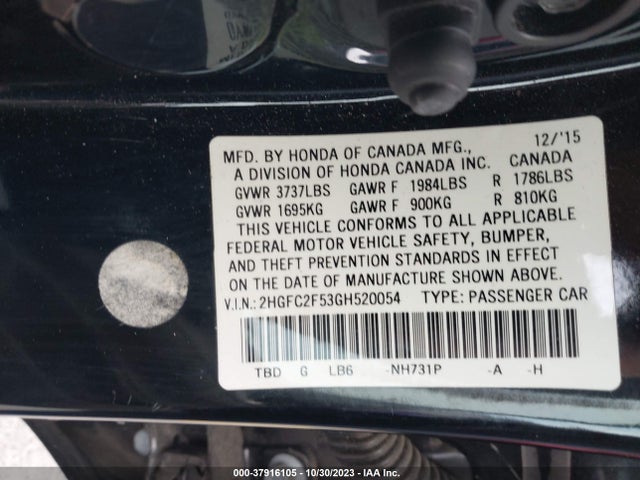 2016 HONDA CIVIC LX VIN: 2HGFC2F53GH520054