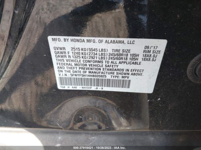 5FNYF5H14HB035925 Honda PILOT LX