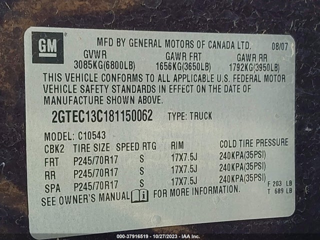 2008 GMC SIERRA 1500 SLE1 VIN: 2GTEC13C181150062