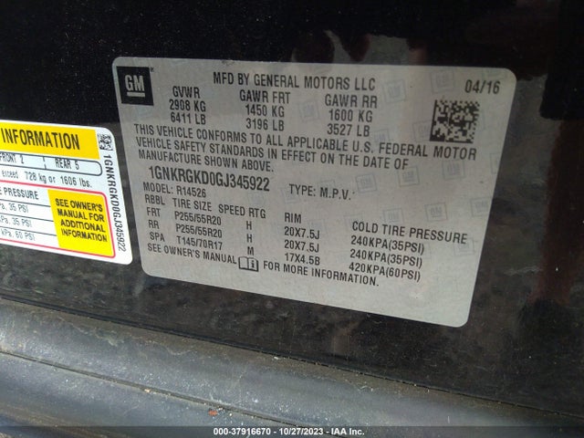 Chevrolet Traverse Lt 2016 1GNKRGKD0GJ345922 Image 9