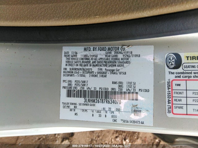 2007 LINCOLN MKZ VIN: 3LNHM26T87R634070