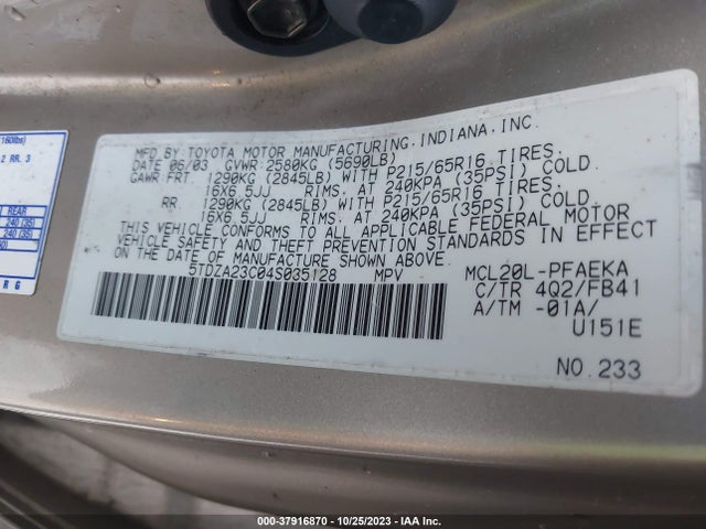 2004 TOYOTA SIENNA CE/LE VIN: 5TDZA23C04S035128