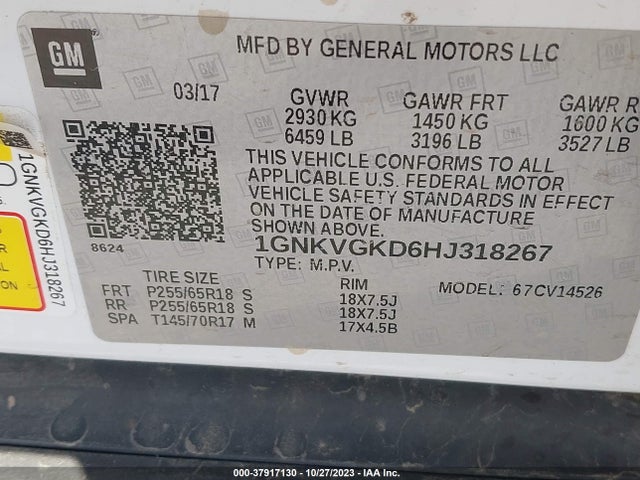 Chevrolet Traverse 1lt 2017 1GNKVGKD6HJ318267 Image 9