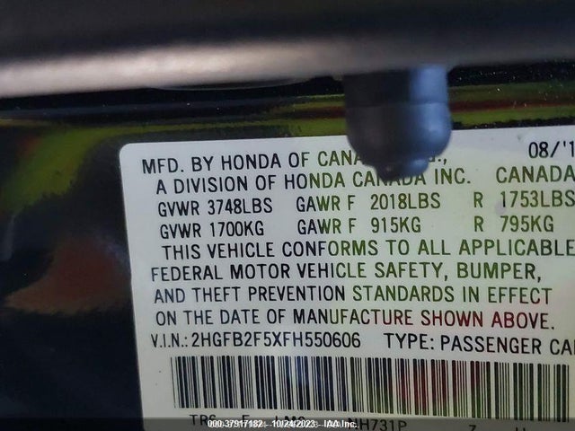 2015 HONDA CIVIC SEDAN LX VIN: 2HGFB2F5XFH550606