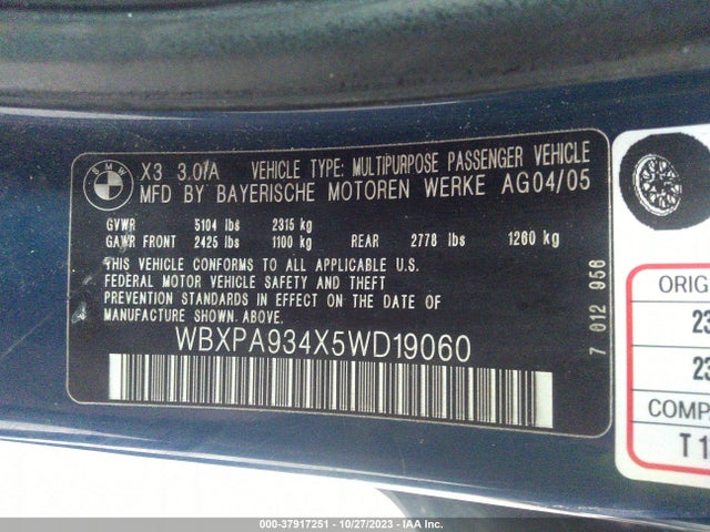 2005 BMW X3 3.0I VIN: WBXPA934X5WD19060