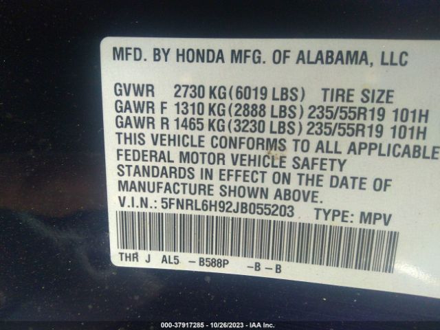5FNRL6H92JB055203 Honda Odyssey Elite