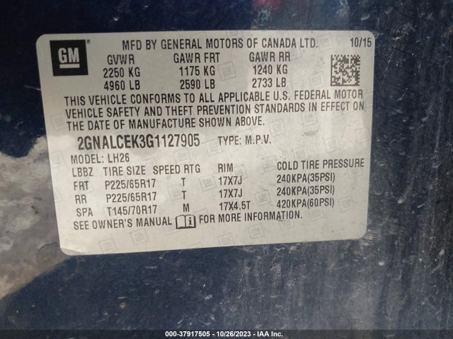 Chevrolet EQUINOX LT 2016 2GNALCEK3G1127905 Image 9