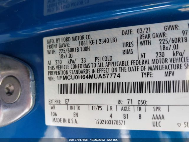 1FMCU0H64MUA57774 Ford ESCAPE SEL
