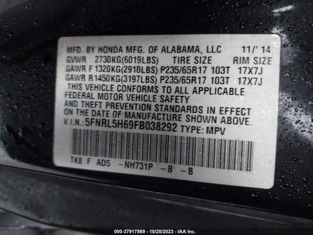 Honda Odyssey Ex-l 2015 5FNRL5H69FB038292 Image 9