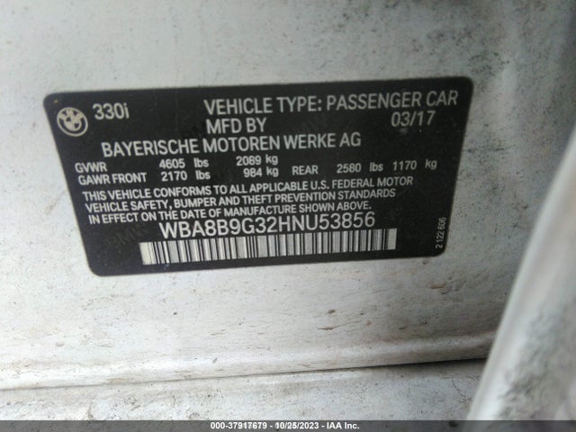 37917679 :رقم المزاد ، WBA8B9G32HNU53856 vin ، 2017 Bmw 330i مزاد بيع