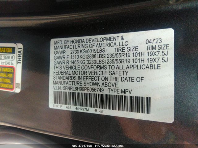 5FNRL6H96PB056749 Honda Odyssey Elite