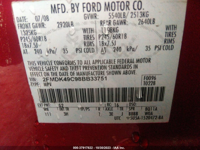 2008 FORD EDGE LIMITED VIN: 2FMDK49C98BB33751