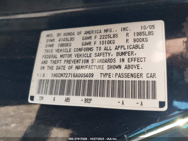 2006 HONDA ACCORD CPE EX VIN: 1HGCM72716A005409
