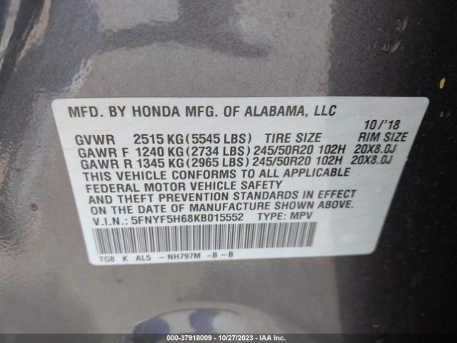 5FNYF5H68KB015552 Honda Pilot Touring 7-passenger