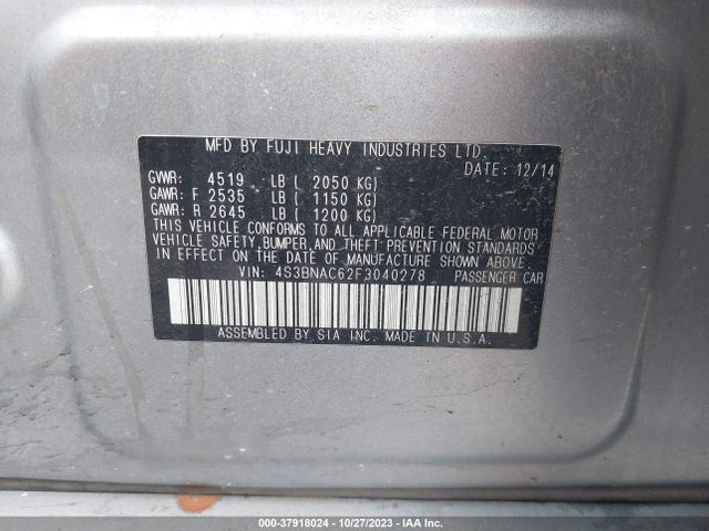 2015 Subaru Legacy 2.5i Premium მანქანა იყიდება აუქციონზე, vin: 4S3BNAC62F3040278, აუქციონის ნომერი: 37918024